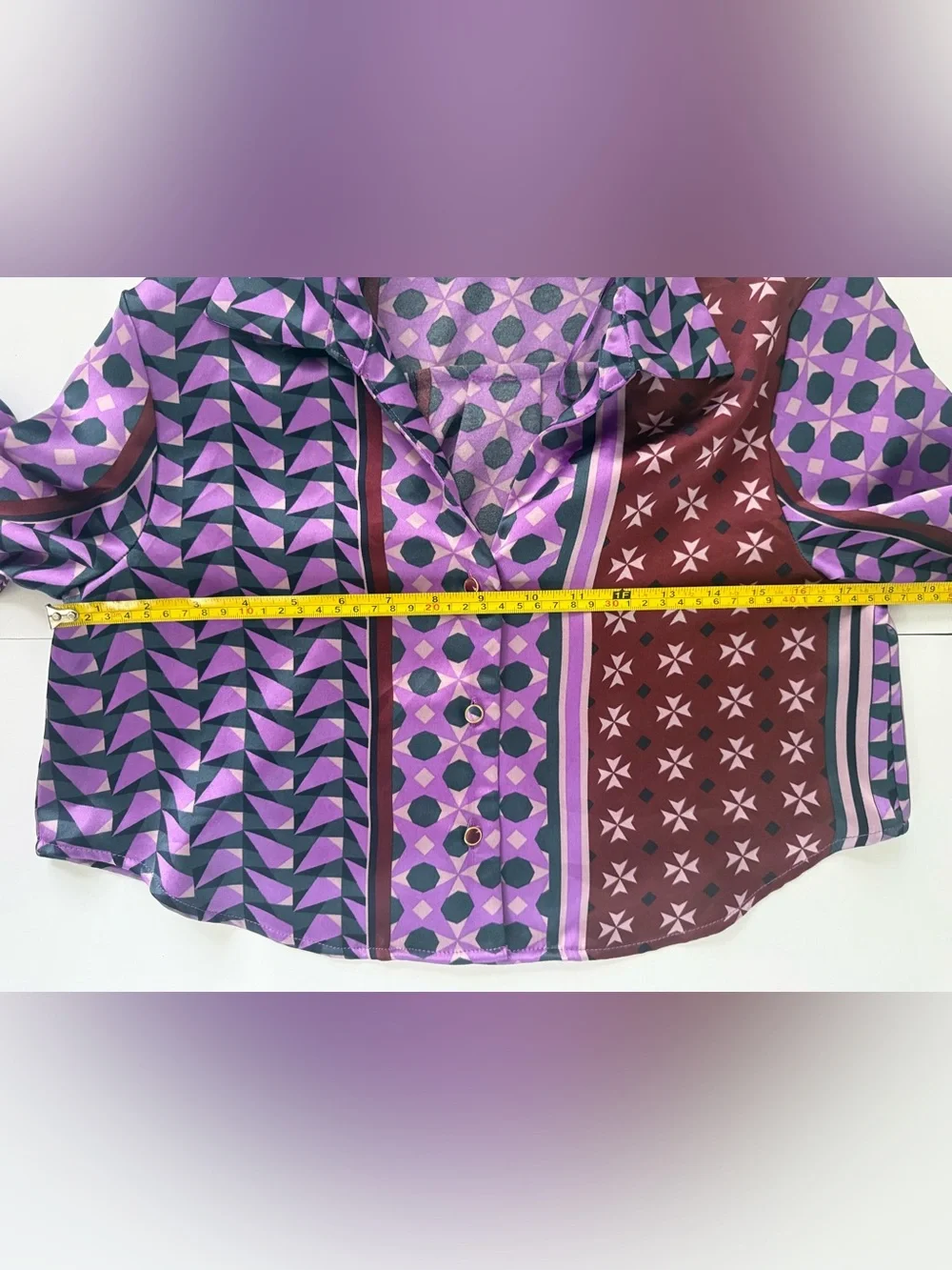 NWT House of Harlow 1960 Purple Mixed Print Cropped Blouse Small Satin Geometric
